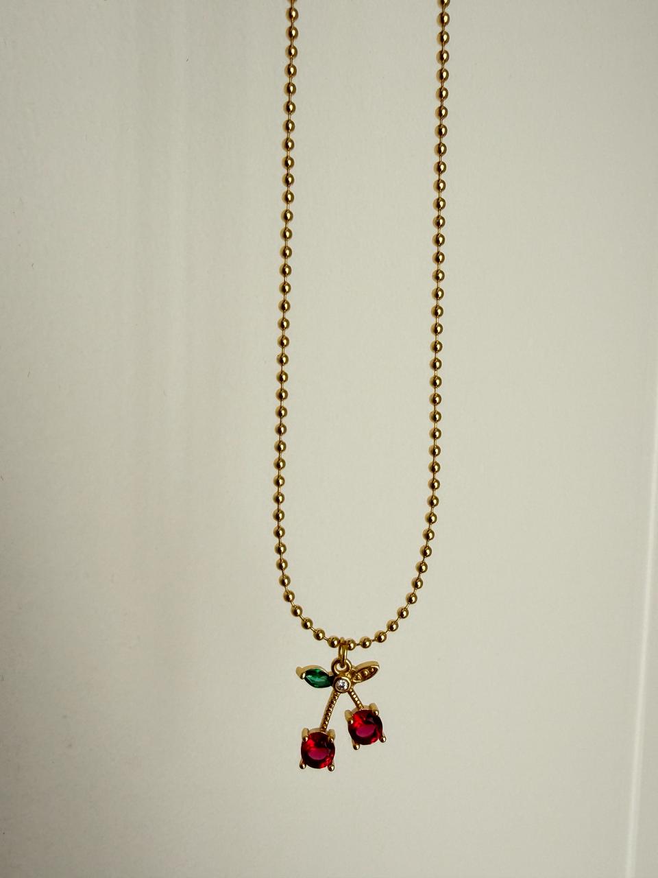 Collar Cereza con Cadena de Bolitas